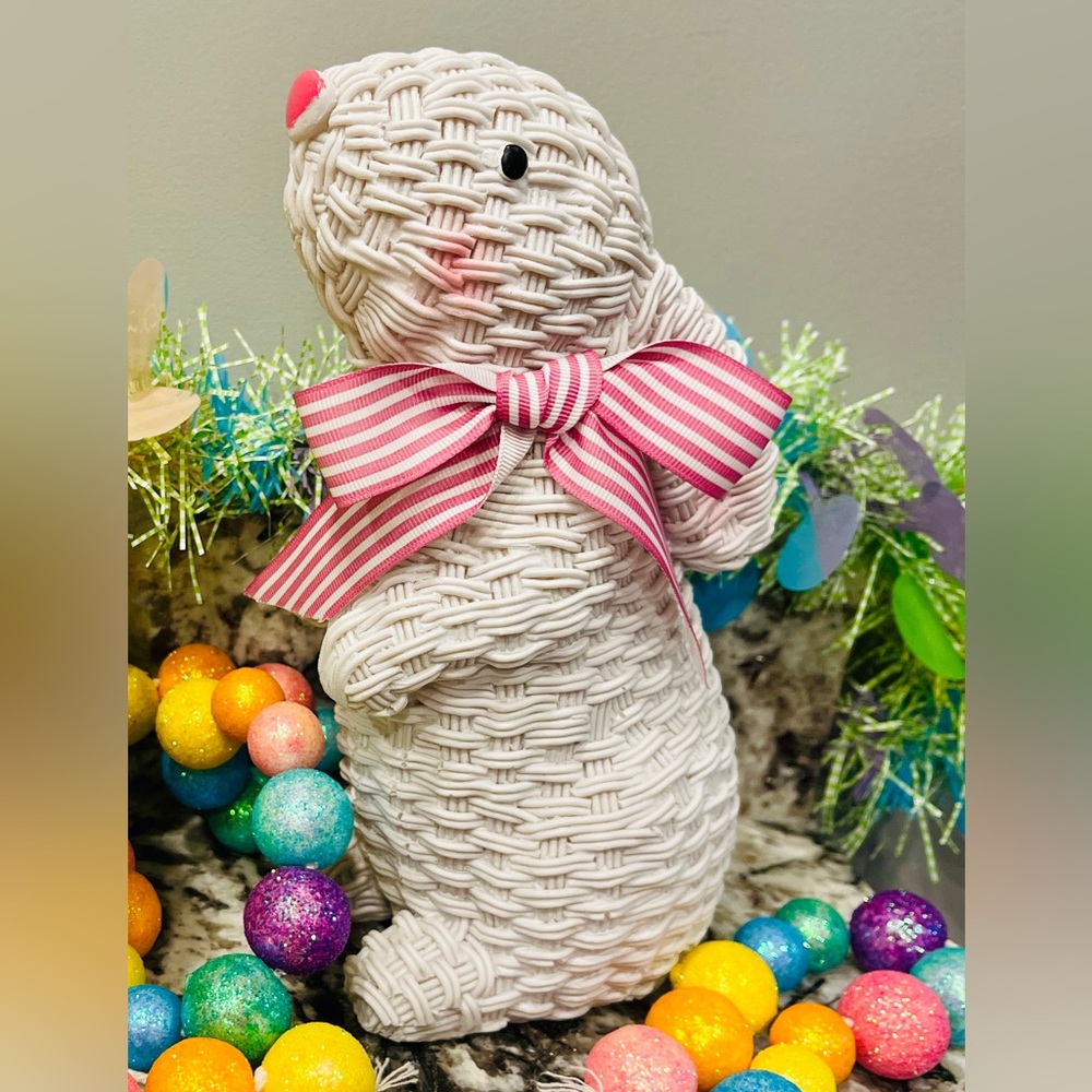 White Wicker Bunny with Pink Bow